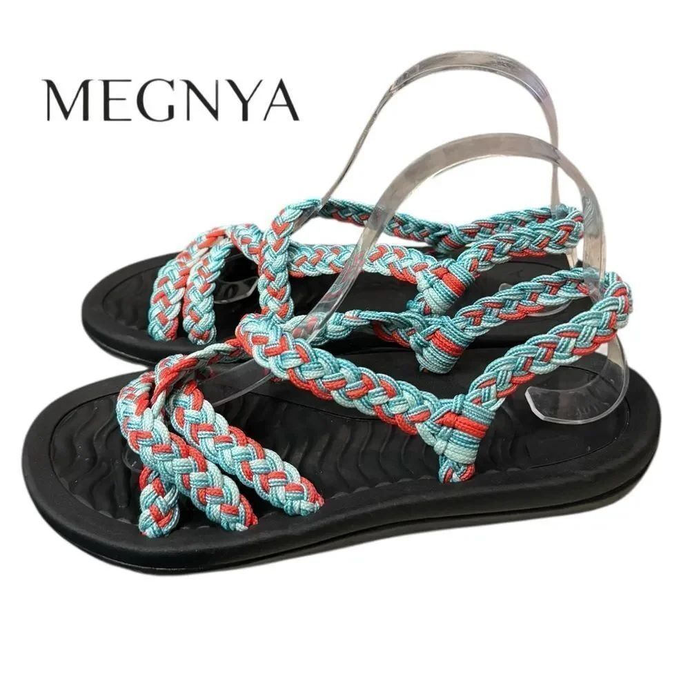 New Megnya Blue and Coral Braided Summer Sandals 39 8